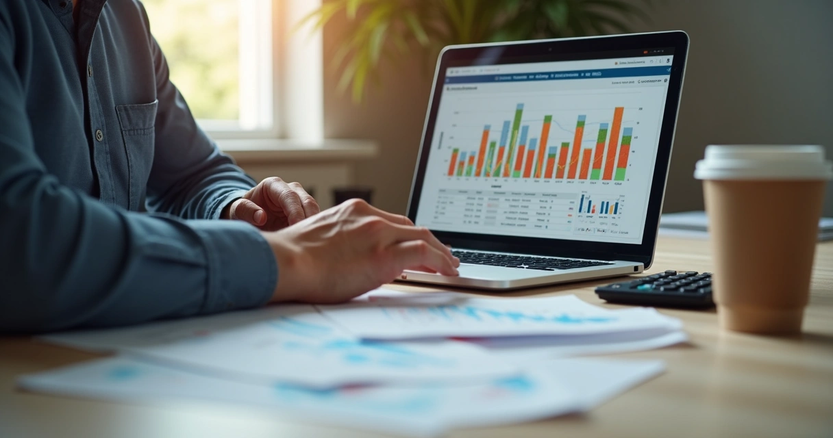Gráfico financeiro ao lado de computador portátil e documentos contábeis 