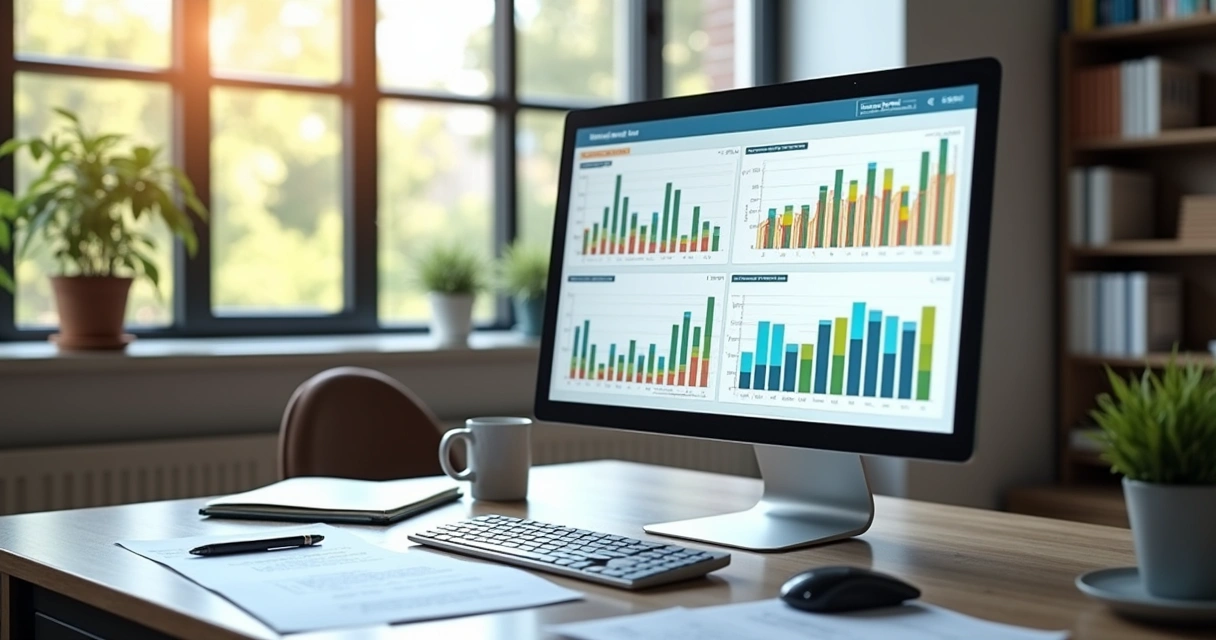 Painel de controle financeiro escolar com gráficos coloridos em tela de computador 