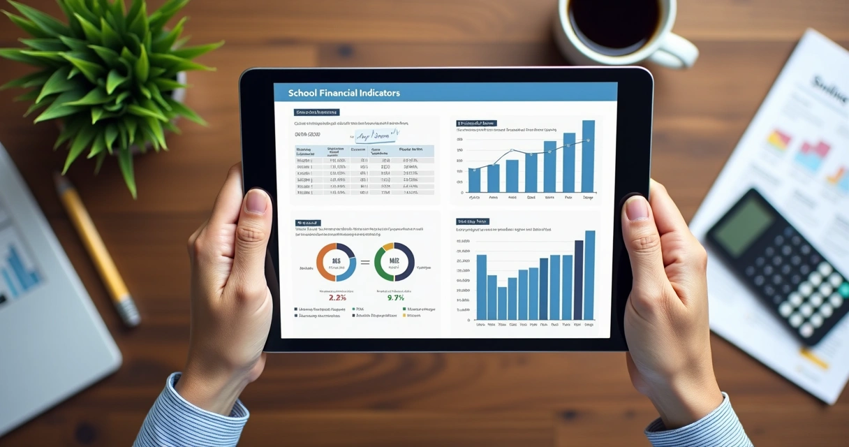Relatório de indicadores financeiros escolares sendo analisado em tablet 