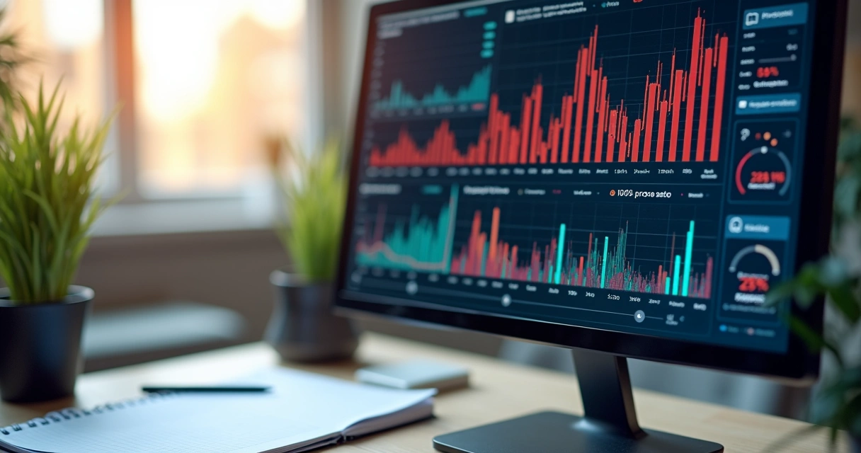 Gráficos de indicadores financeiros em monitor de escritório pequeno 