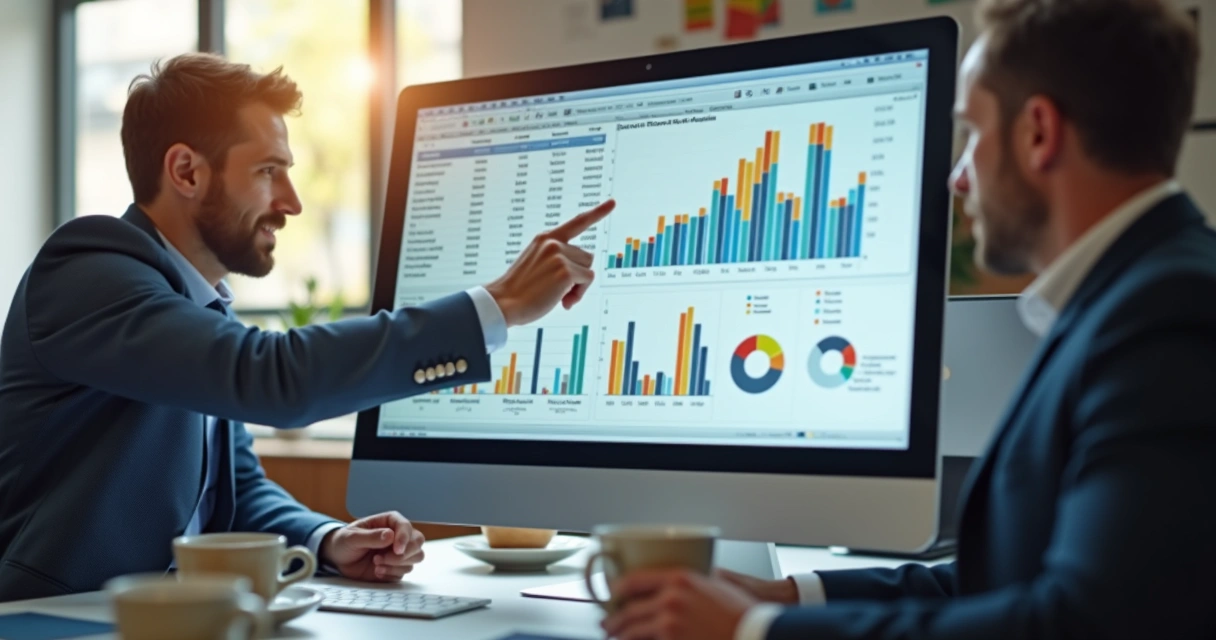 Tela de computador exibindo planilha com indicadores financeiros industriais, pessoas apontando para gráficos coloridos