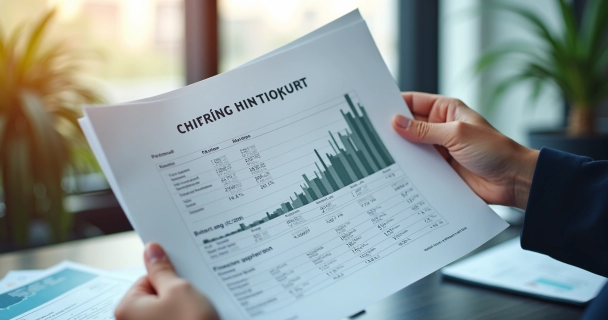 Gráfico de barras crescendo e mão segurando relatório impresso com números 