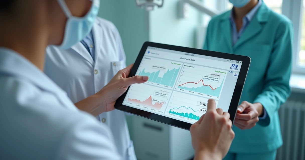 Indicadores financeiros projetados em tela digital de consultório odontológico 