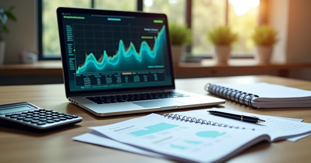 Mesa de escritório organizada com calculadora, laptop aberto mostrando gráficos financeiros, cadernos e caneta ao lado 
