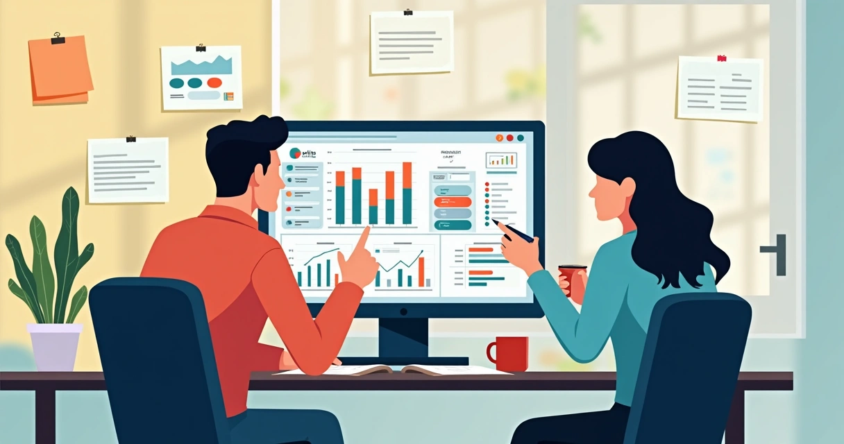 Duas pessoas olhando uma planilha com gráficos e indicadores coloridos em fundo claro 