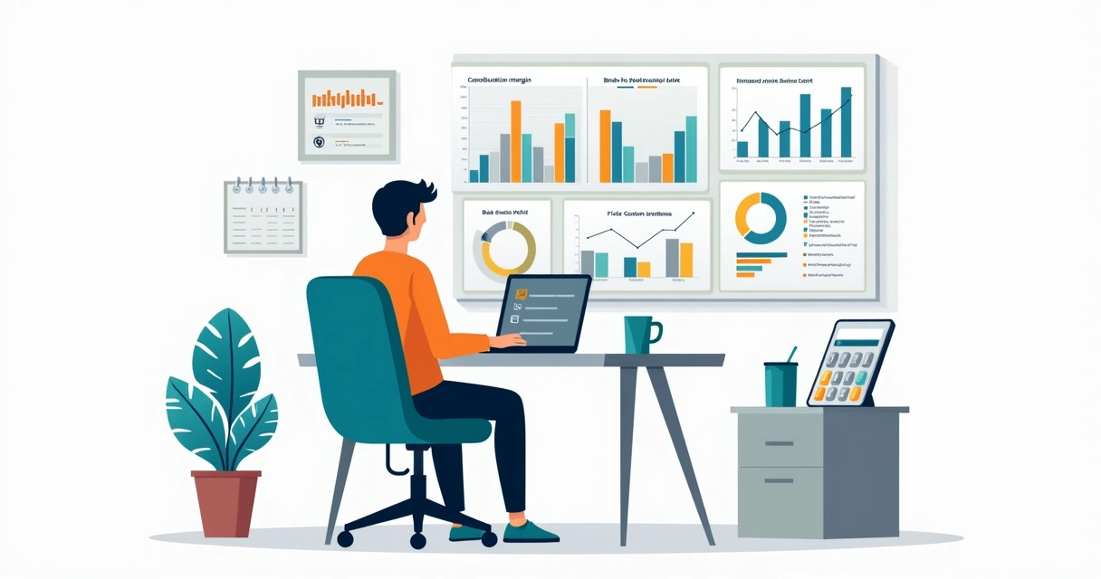 Dono de PME analisando painel com indicadores financeiros em gráficos coloridos 
