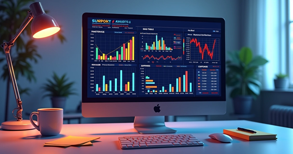 Relatórios financeiros com gráficos e indicadores em tela 