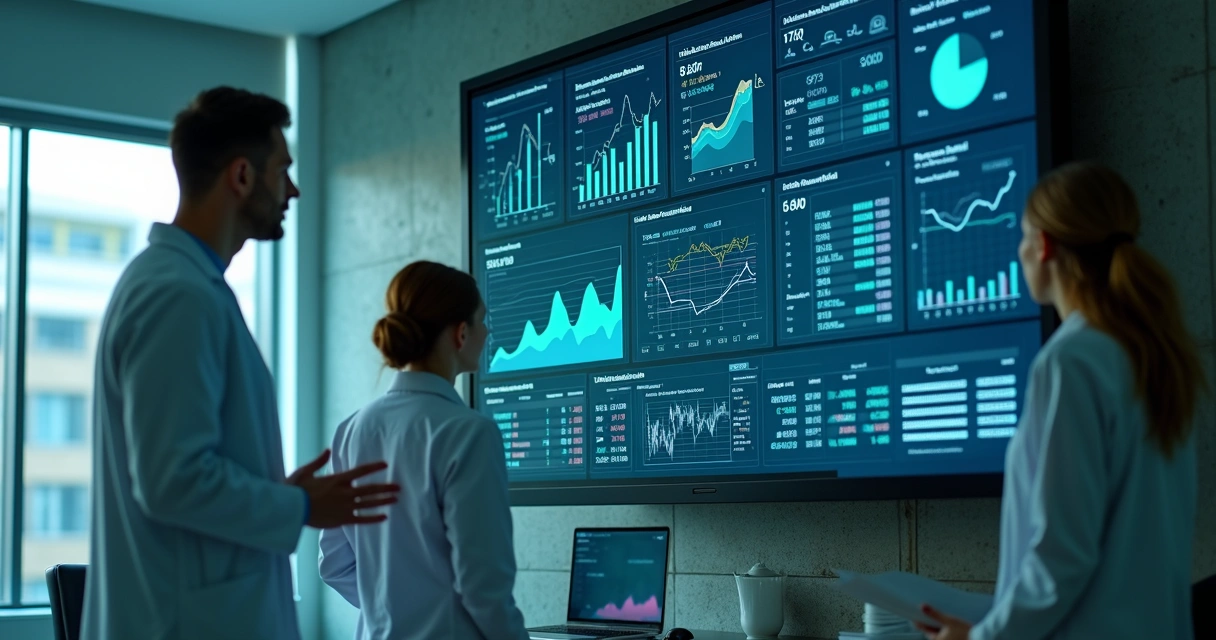 Painel com indicadores financeiros e gráficos voltados à área médica