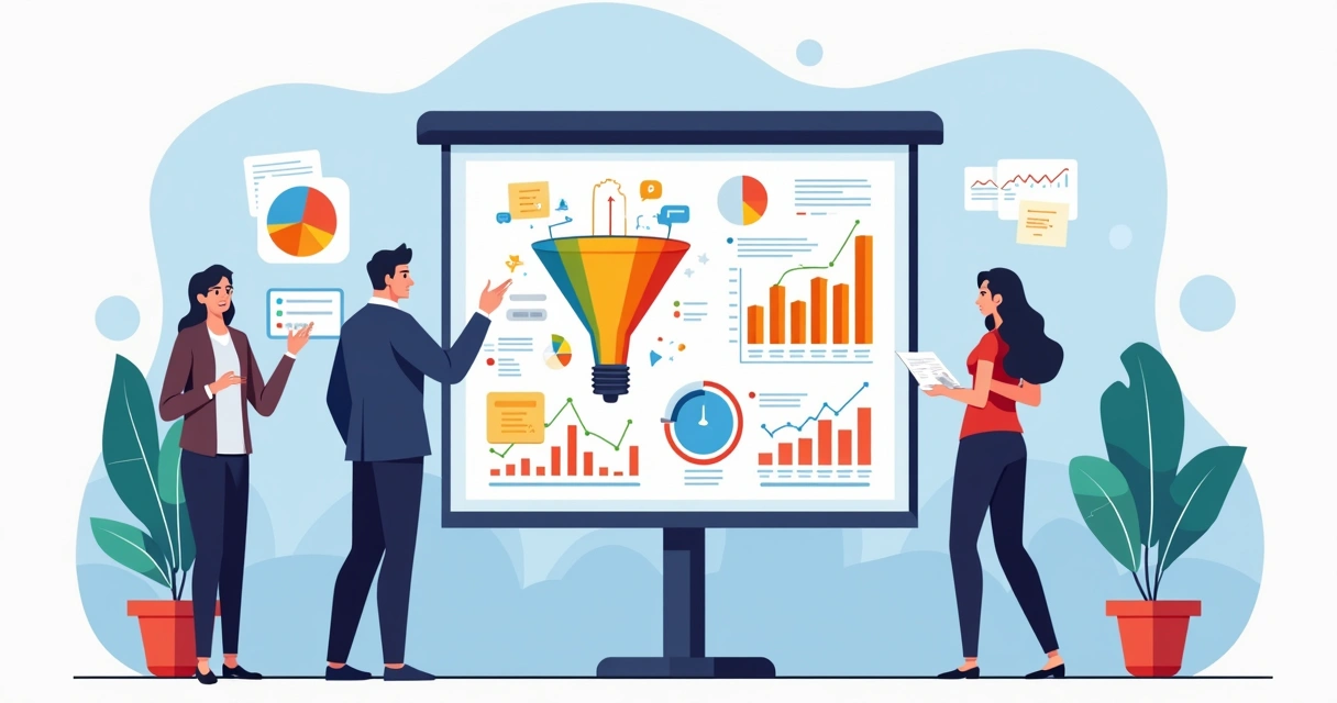 Gestor analisando indicadores do funil de vendas com gráficos em um monitor grande, ambiente claro 