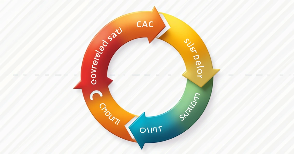 Círculos coloridos ligados por setas mostrando as principais métricas do funil de vendas B2B SaaS 