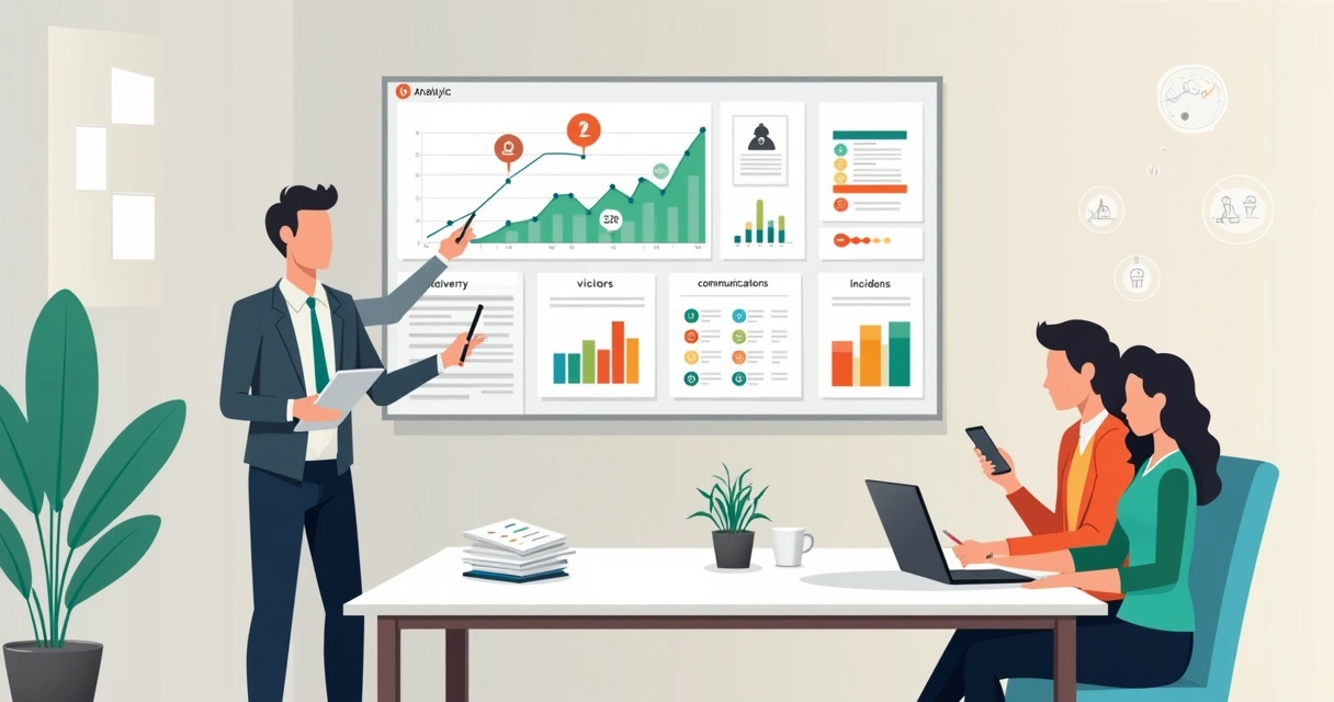 Síndico analisa indicadores de desempenho de condomínio em quadro grande na sala de reuniões 