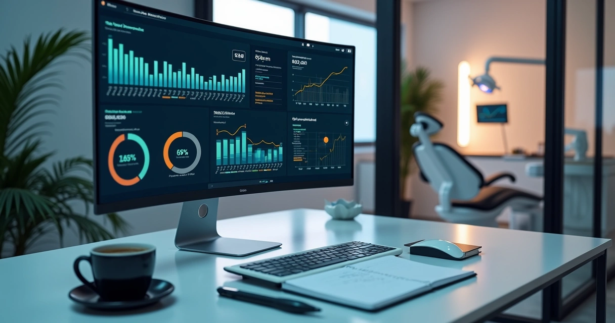 Gestor odontológico analisando painel digital com indicadores de clínica 