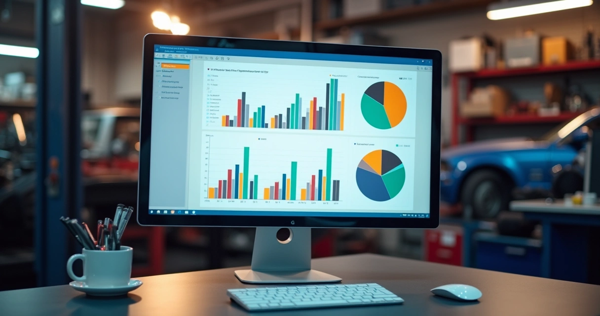 Gráfico simples de indicadores de oficina mecânica em tela de computador 