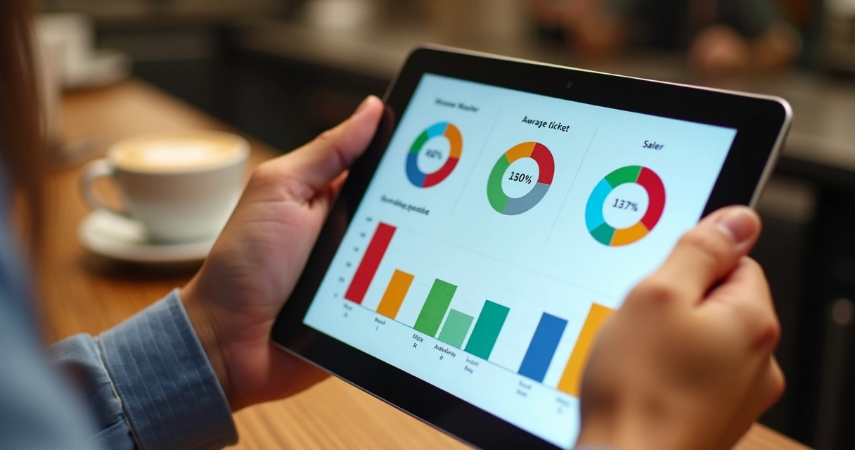 Tela de indicadores financeiros de restaurante em tablet 