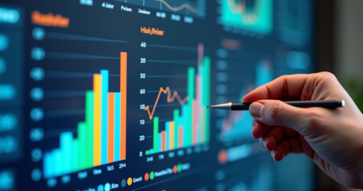 Representação visual colorida de indicadores de risco com gráficos de pizza e barras em tela 
