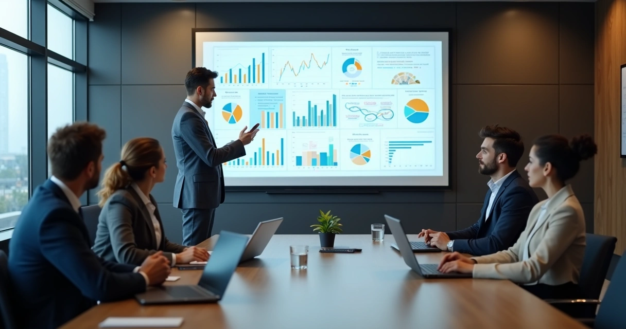 Quadro digital em sala de reunião exibindo gráficos de indicadores-chave, pessoas observando atentos 