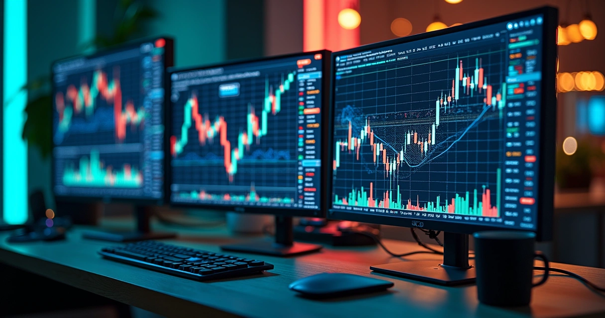 Telas de computador com gráficos financeiros e indicadores coloridos