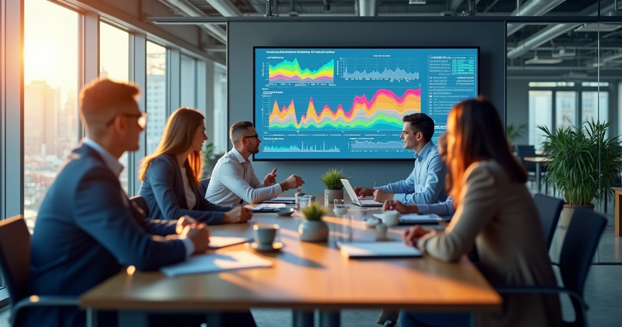 Gráficos coloridos de indicadores de manutenção em tela grande 