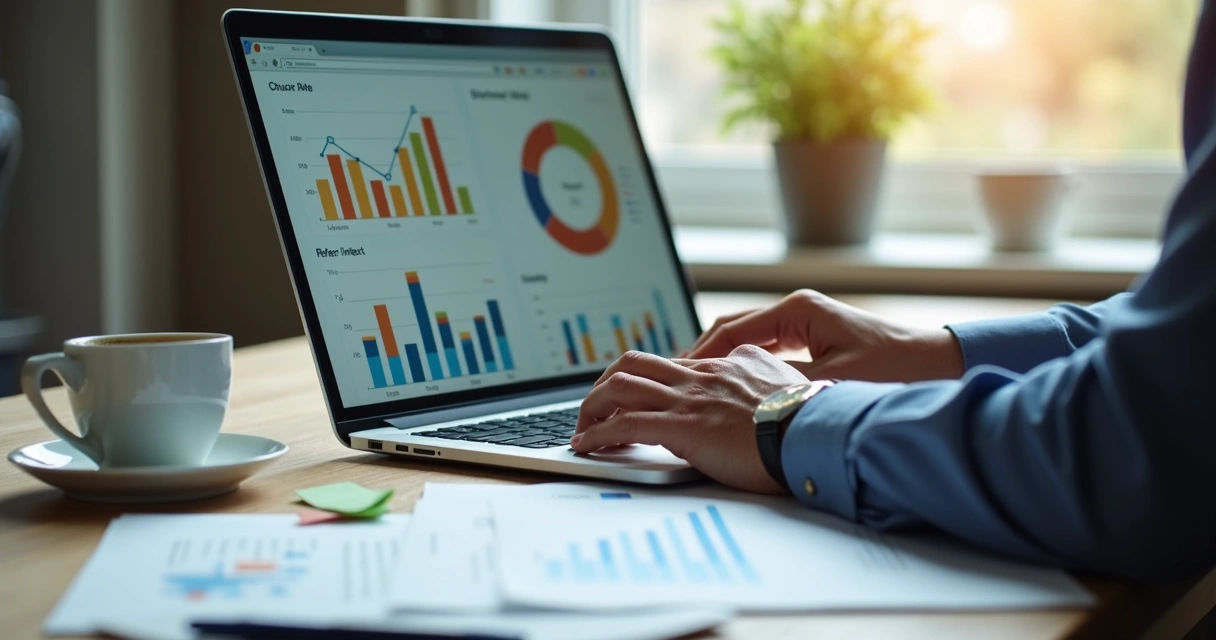 Gráficos simples de métricas de negócios em tela de notebook 
