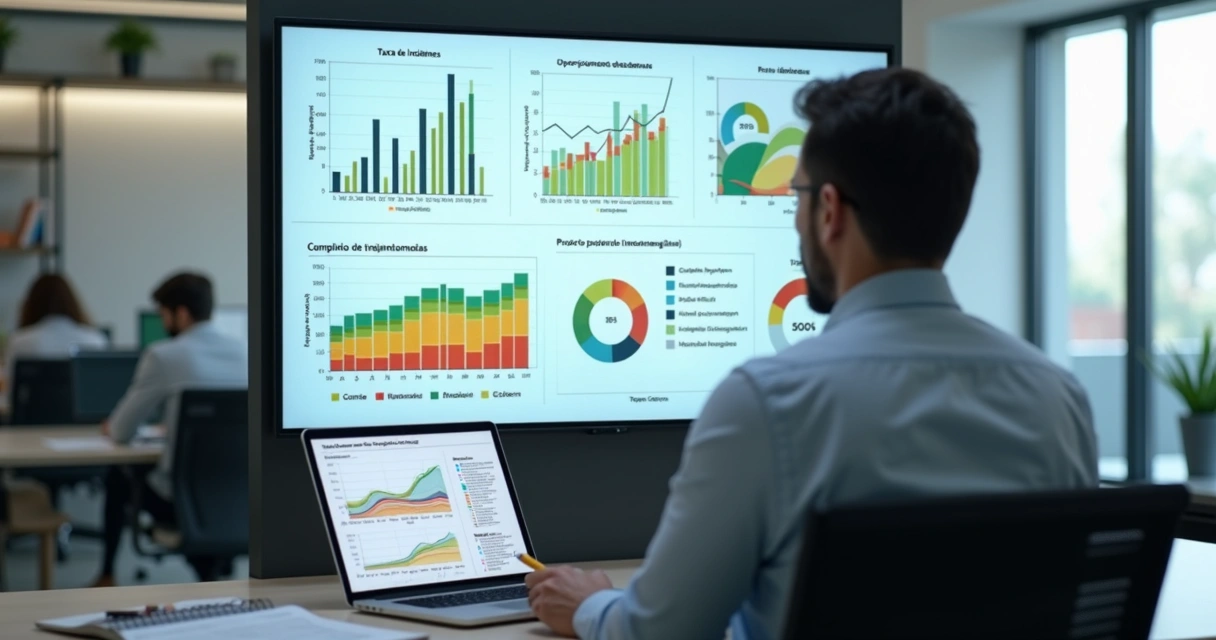 Gestor analisa painel de indicadores de segurança do trabalho em escritório moderno 