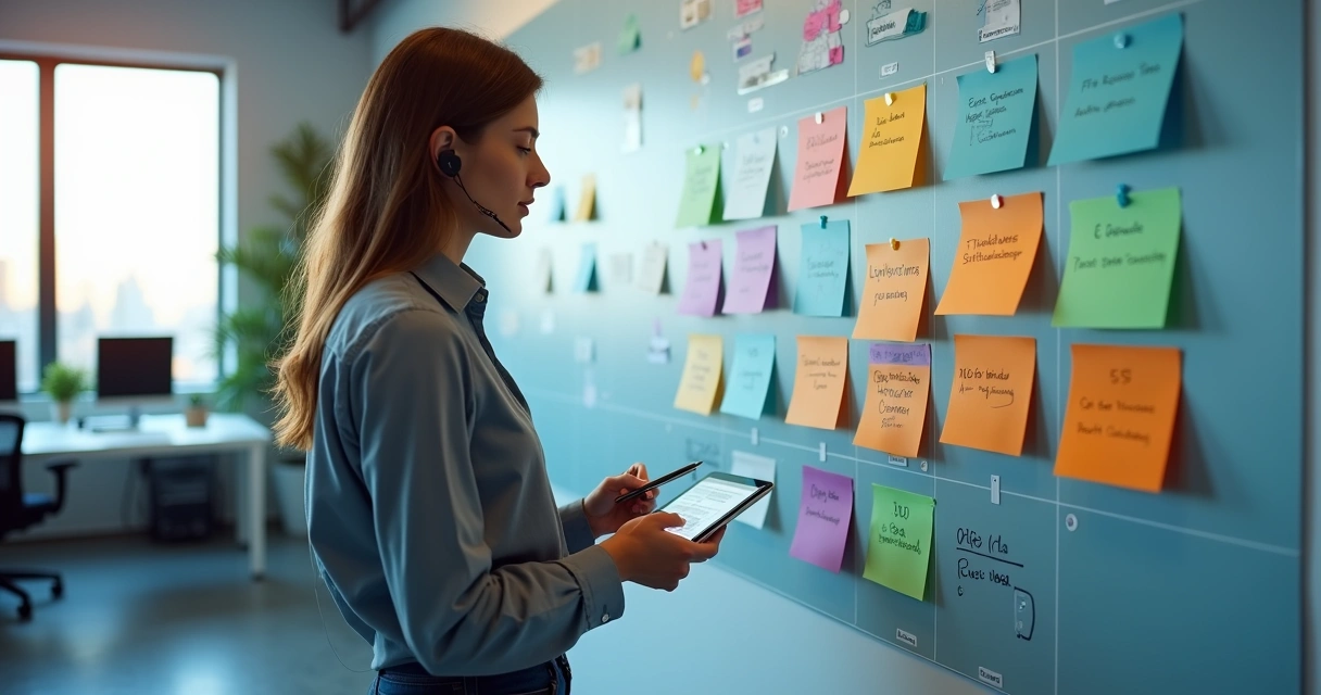 Profissional de suporte de TI analisando cartões coloridos de métricas em um quadro kanban 