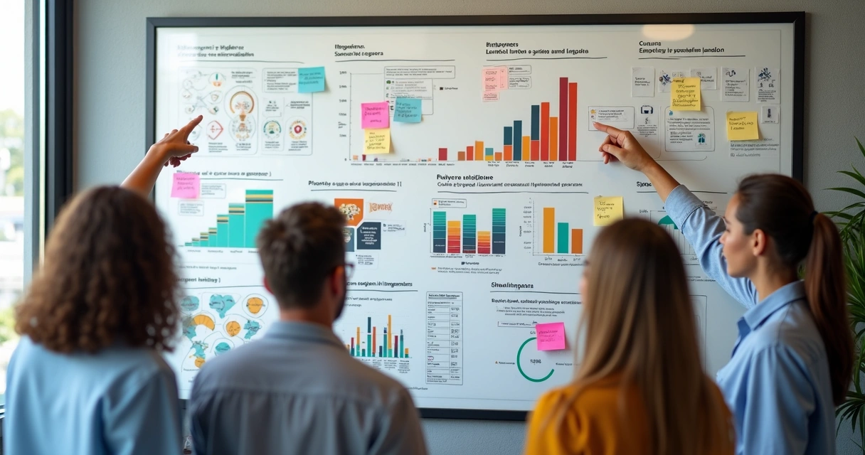 Quadro branco com indicadores de clima organizacional, colaboração e lucros 