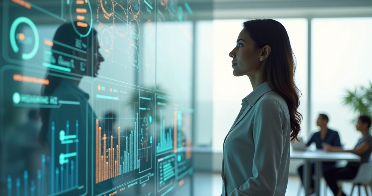 Executiva analisa indicadores de impacto humano em painel digital transparente 