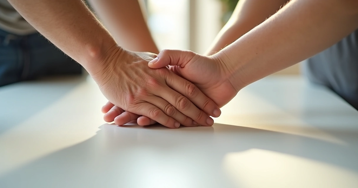 Manos de diferentes edades y colores, unidas sobre una mesa blanca, colaborando juntos