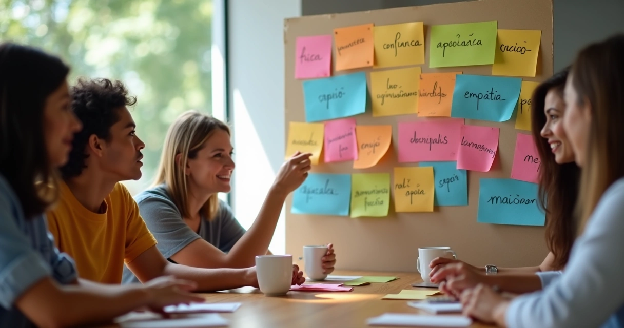 Indicadores de impacto humano em mural de post-its coloridos 