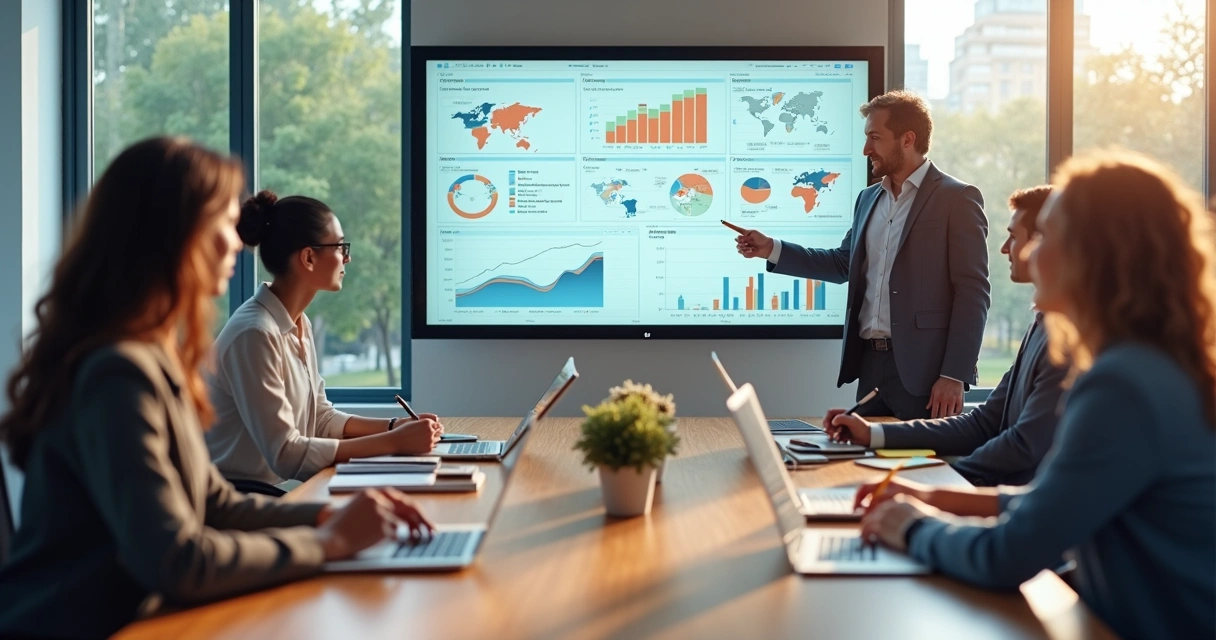 Gestores analisando indicadores humanos em painel com dados e pessoas 