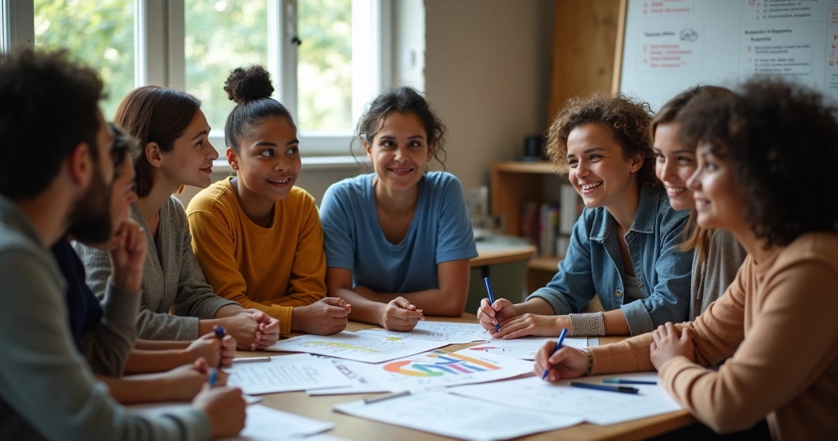 Participantes de projeto social em roda de conversa avaliando resultados de uma atividade 