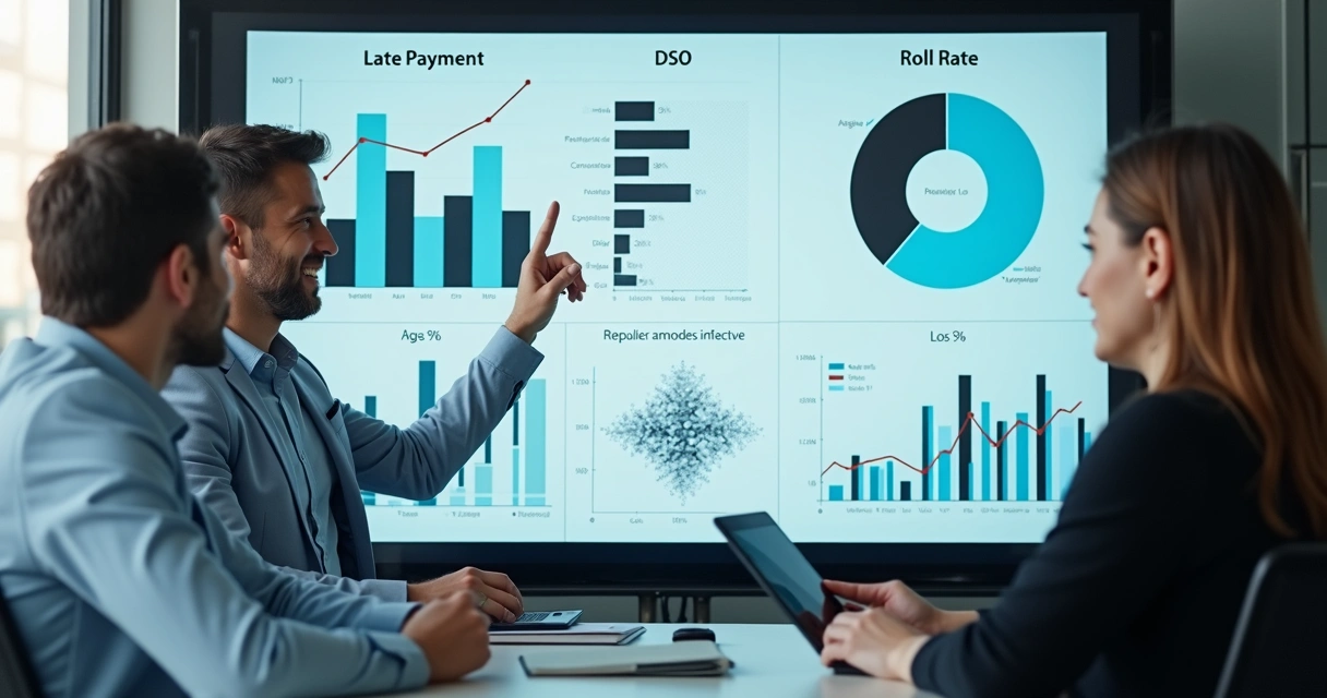Indicadores de inadimplência em gráficos multicoloridos dentro de escritório moderno 