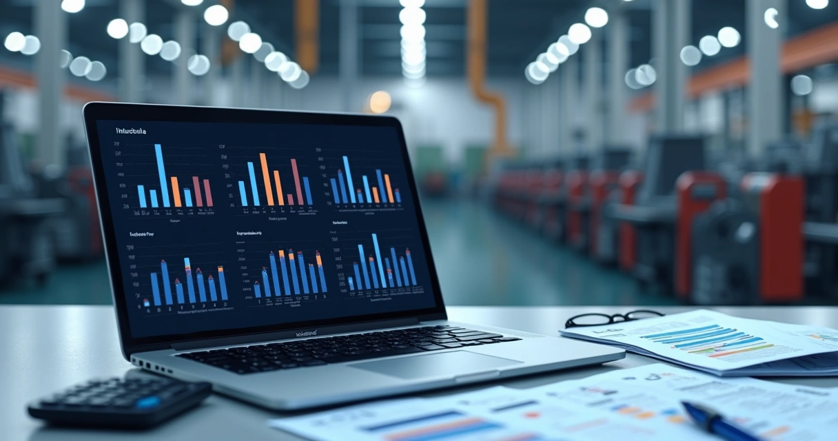 Diversos gráficos de indicadores industriais na tela de um notebook