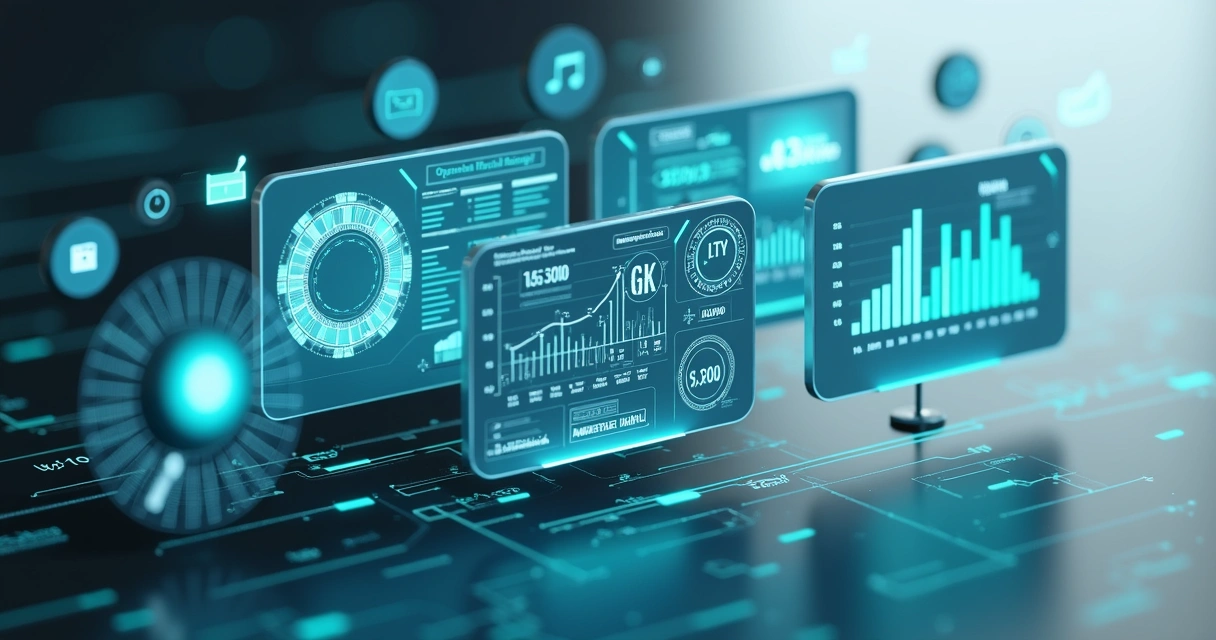 Painel com gráficos de indicadores de inteligência artificial em tela de computador 
