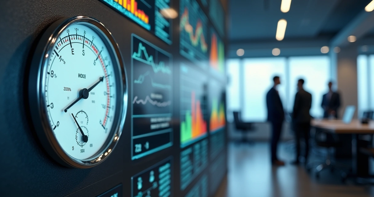 Painel misto com instrumentos analógicos e gráficos digitais simbolizando indicadores de processo 