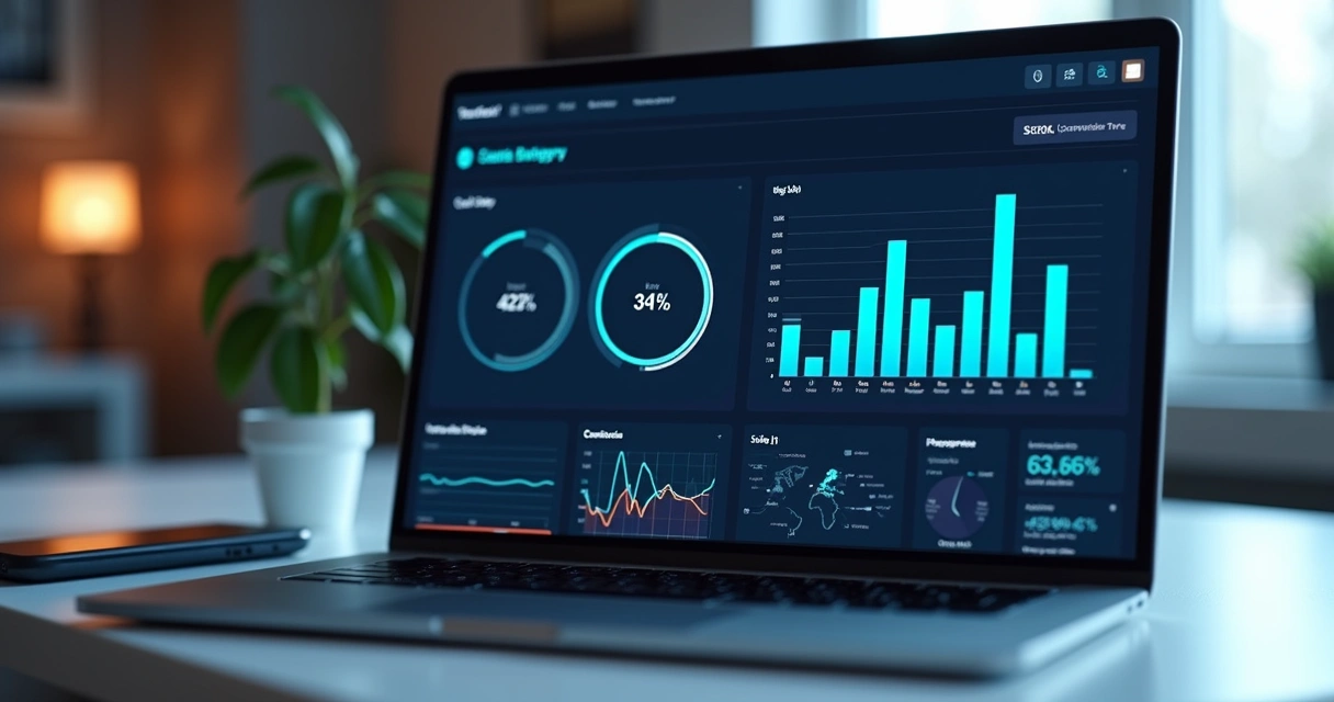 Indicadores de performance em painel digital de vendas B2B, com telefone ao lado. 