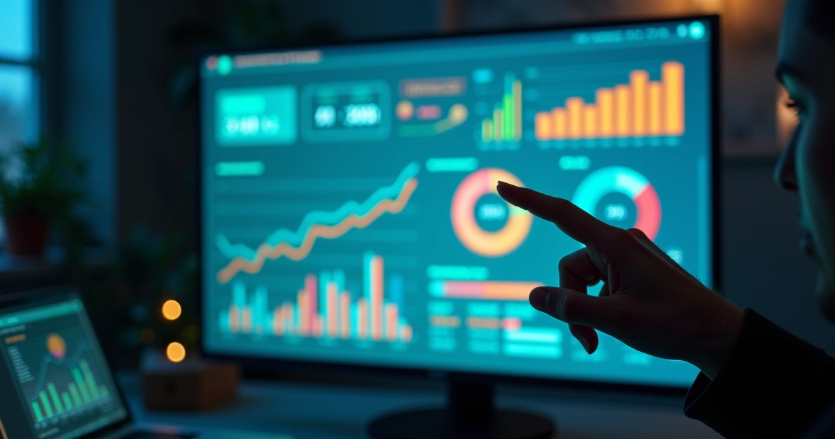 Dashboard digital mostrando KPIs de marketing em tela grande