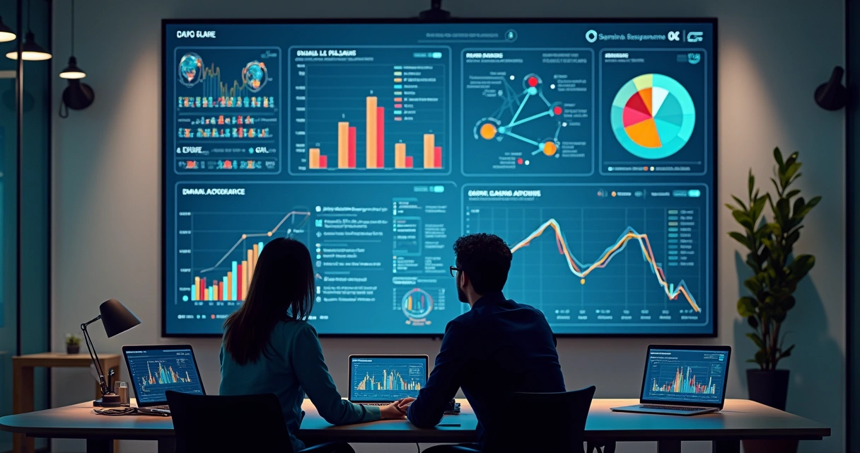 Tela com dashboards de indicadores financeiros em escritório moderno 
