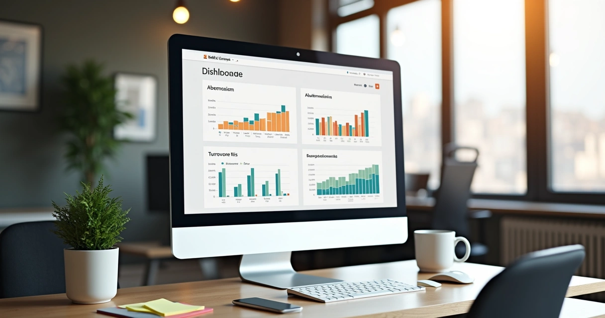 Dashboard de indicadores de RH mostrando gráficos de absenteísmo e turnover.