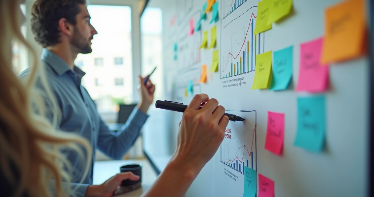 Quadro branco de KPIs e indicadores em ambiente de PME 