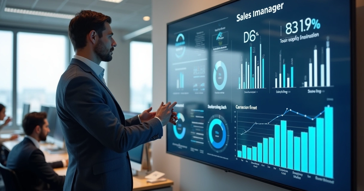 Gestor analisando indicadores de vendas em tela digital com gráficos e KPIs 
