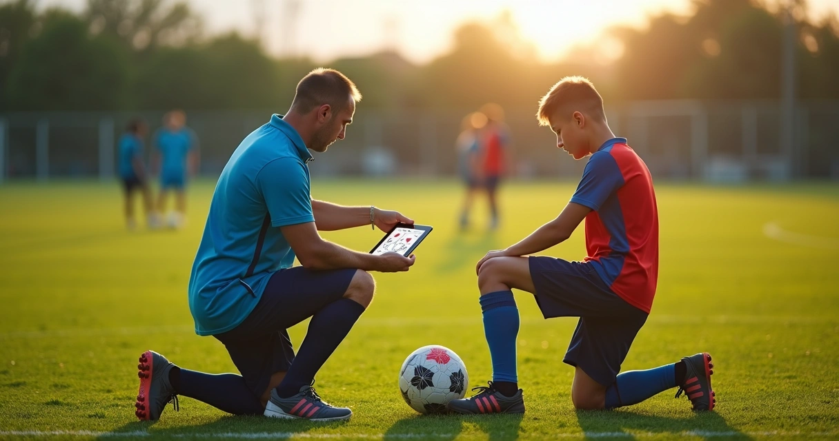 Treinador de futebol mostrando sinais de lesão em jovem atleta durante treino 