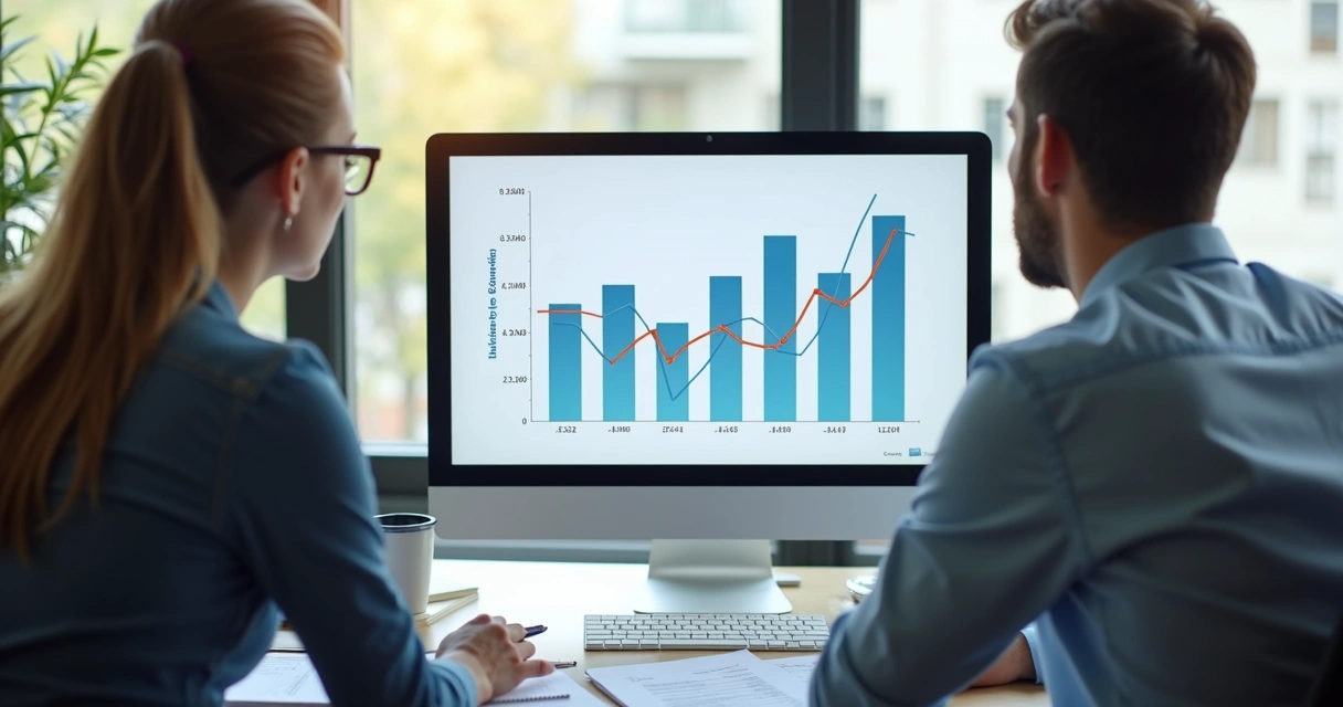 Gráfico subindo na tela do computador, pessoas analisando dados, ambiente de escritório moderno 