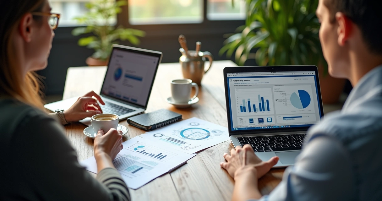 Indicadores de negócios no LinkedIn mostrados em gráficos ao lado de dispositivos 