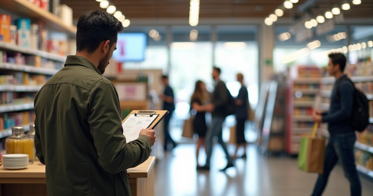 Balcão de loja com gerente anotando movimento de entrada e saída de clientes, ambiente iluminado, prateleiras cheias 