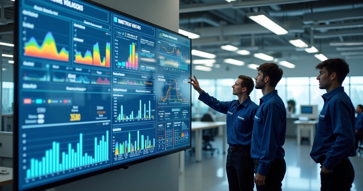 Dashboard mostrando indicadores de manutenção em gráficos coloridos 