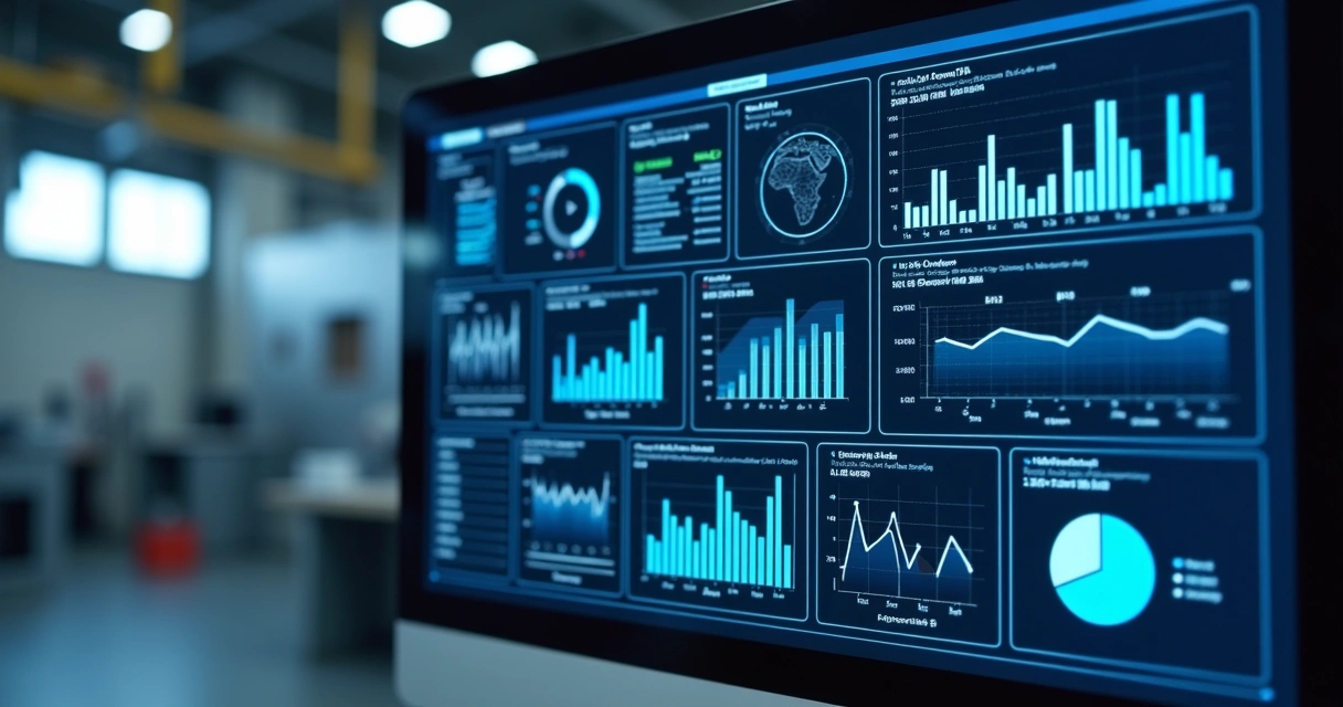 Painel digital mostrando indicadores de desempenho de manutenção industrial 