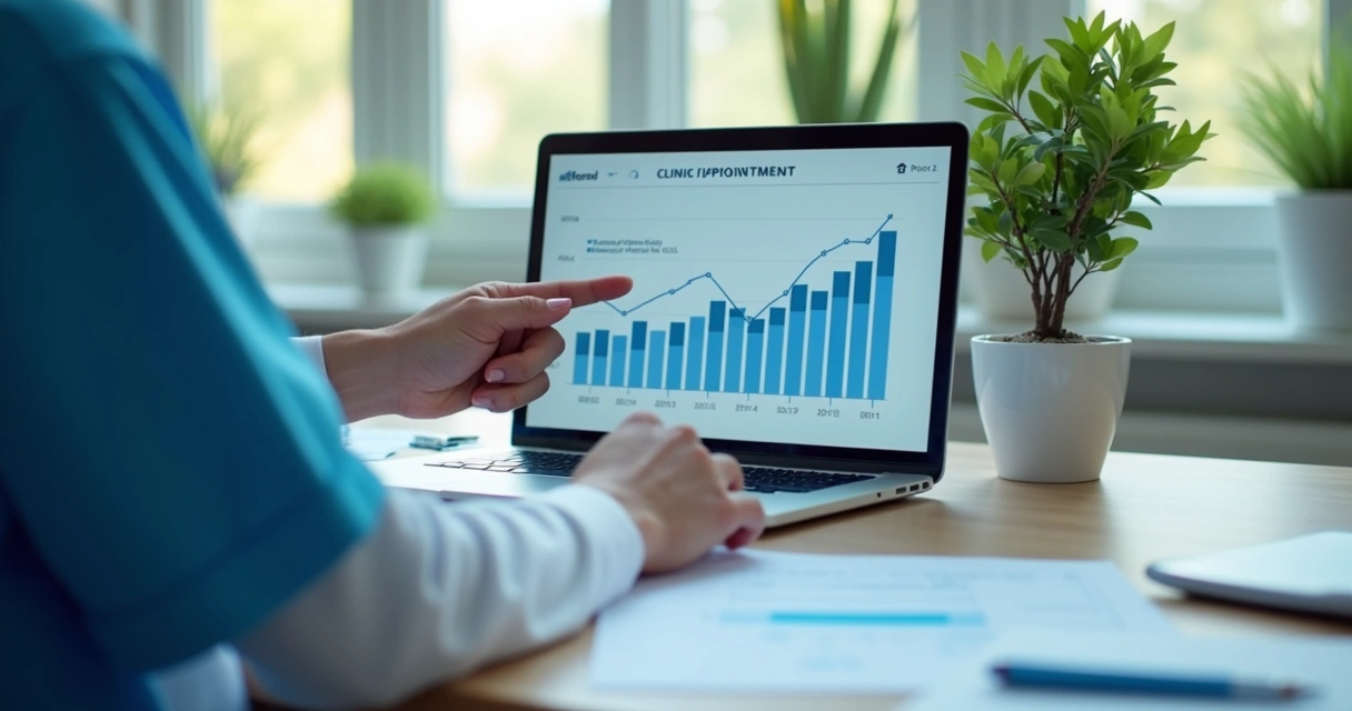 Gráficos de linhas e barras mostrando aumento de consultas clínicas 