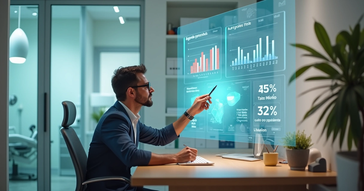 Gestor de clínica odontológica analisando indicadores de marketing ocultos em painel de dados 