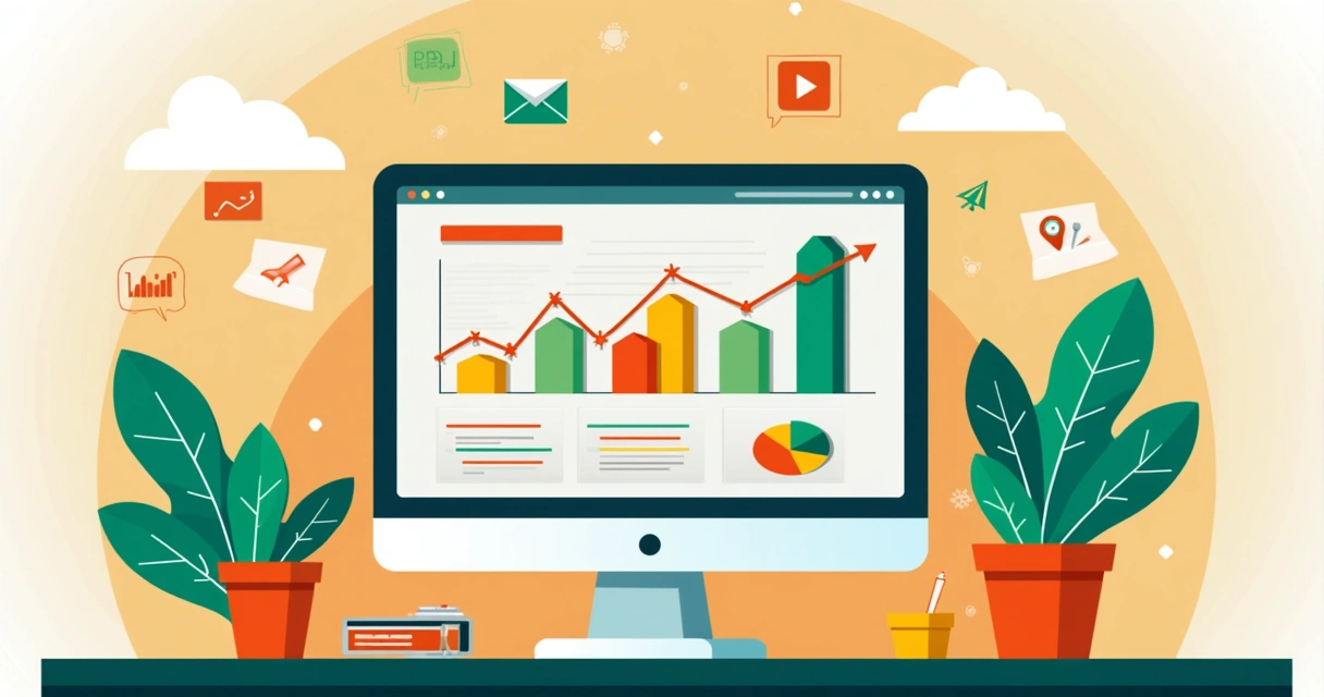 Gráfico de desempenho de marketing digital com barras e linhas crescentes